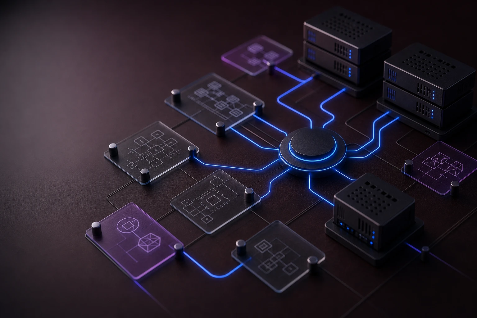 Modular engineering architecture table with illuminated routing paths