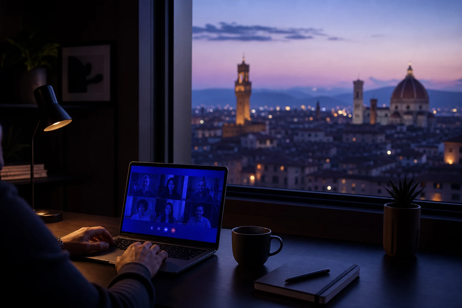 Remote workspace overlooking a European city at dusk