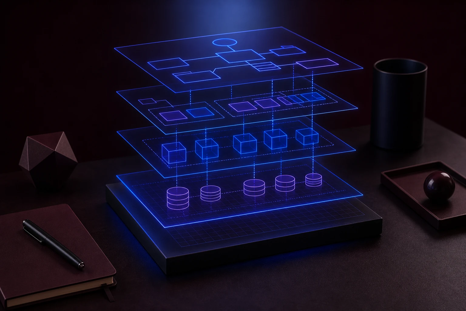 Glowing architecture wireframes on a dark desk