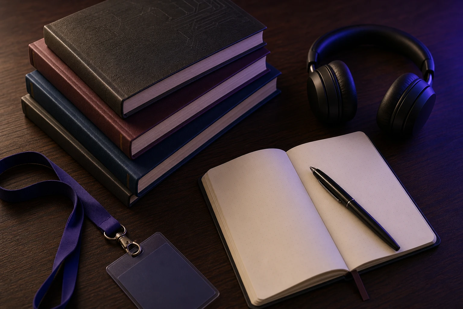 Technical books, notebook, and headphones on a desk