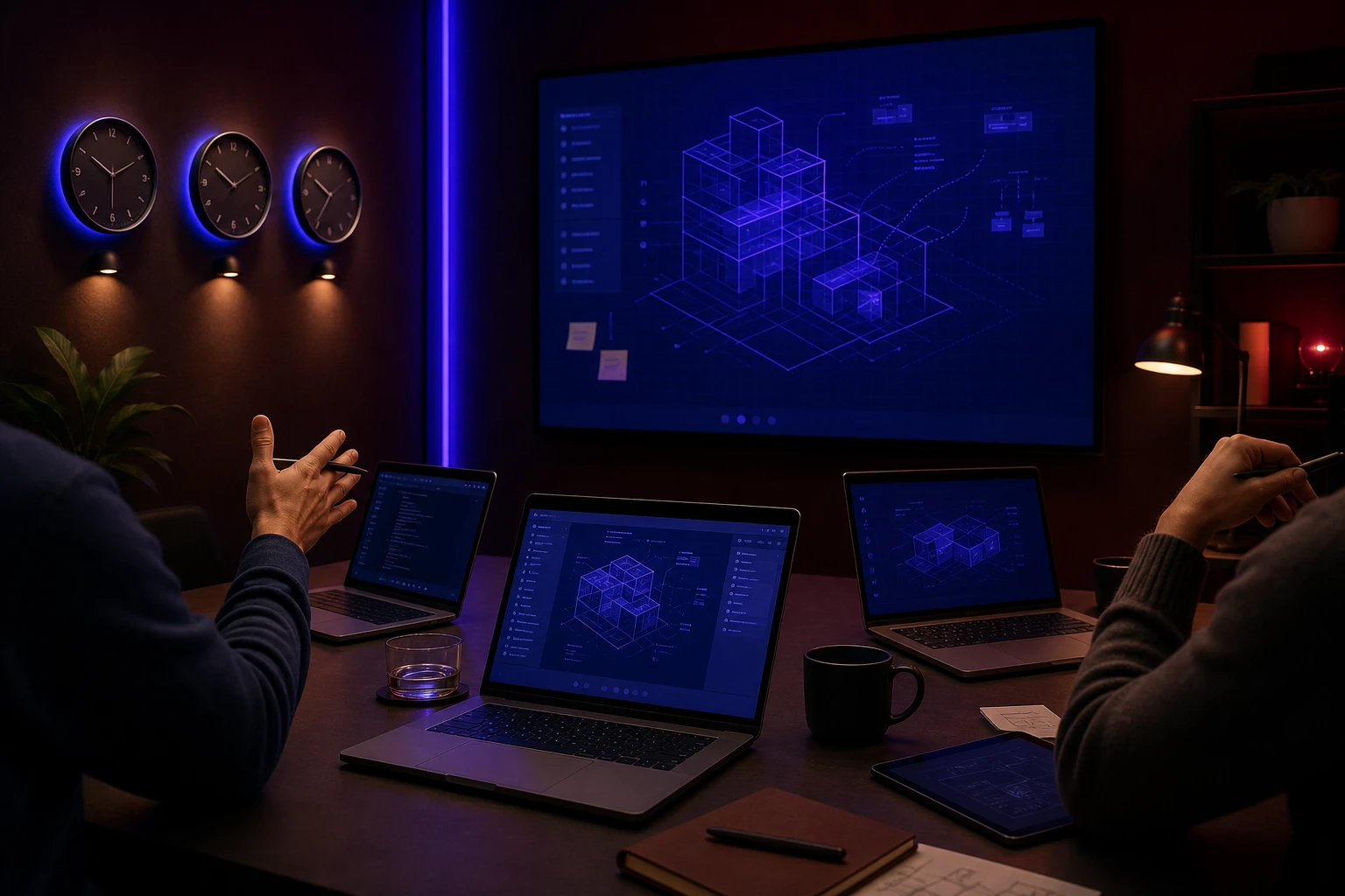 Small team collaborating around a shared architecture board