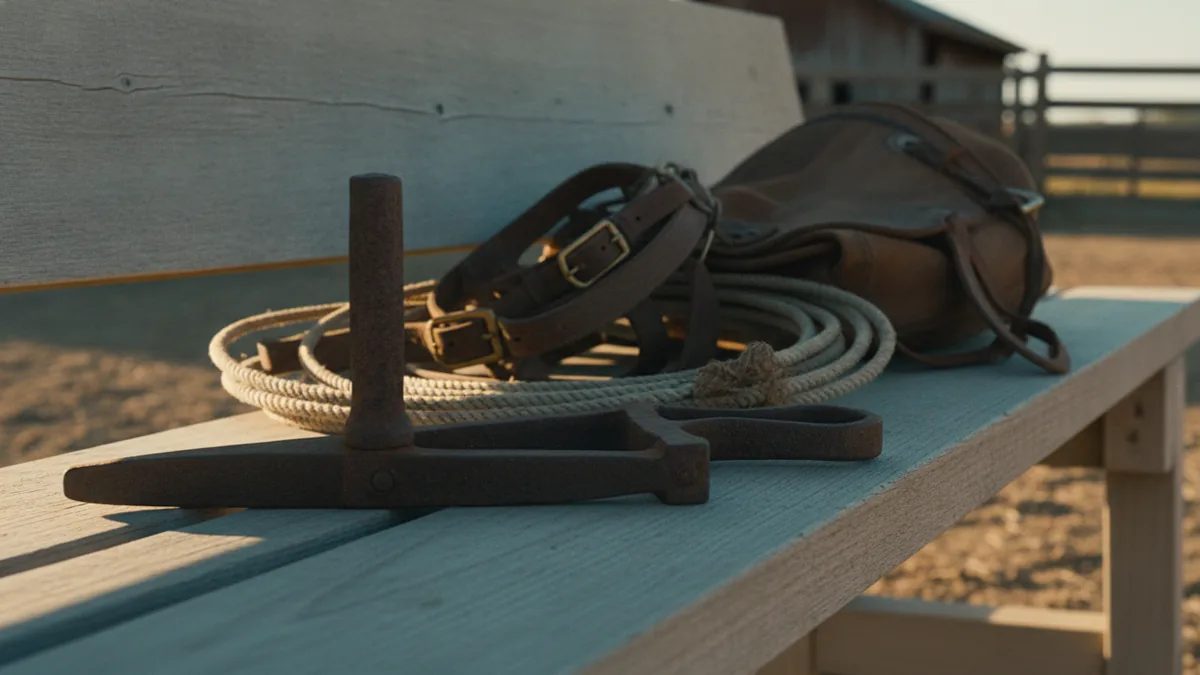 Western ranch heritage feel Branding iron near vintage ranch gear to suggest cattle branding history
