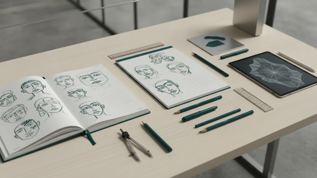 Sketch stage Top-down view of face logo sketches and a proportion grid on a desk.