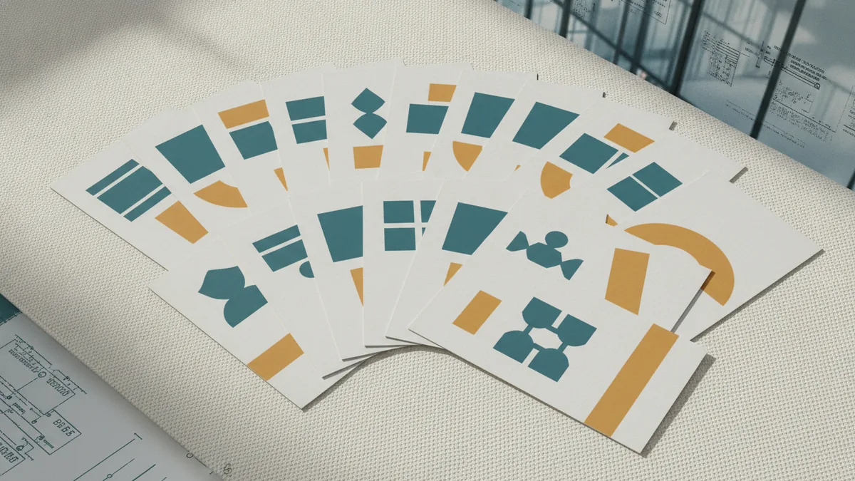 Simple, memorable logo shapes Printed brand cards showing simple, bold logo icons and text