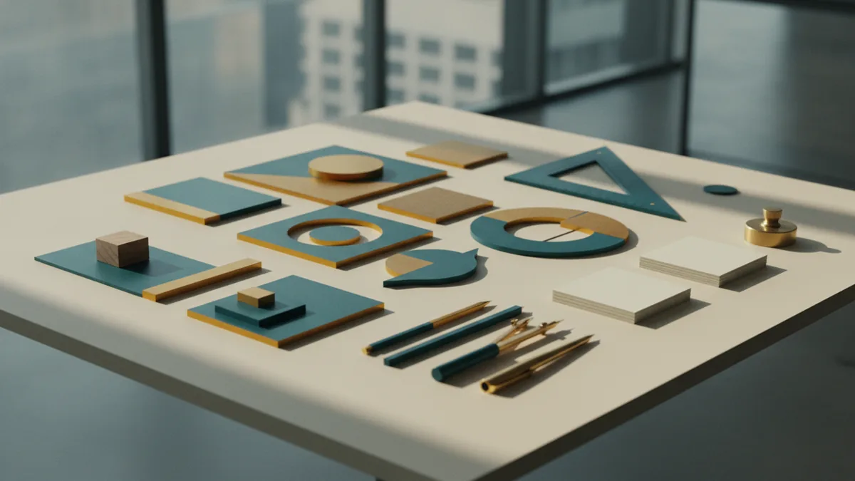 Layer shapes and text Geometric shapes and aligned text boxes arranged for a logo