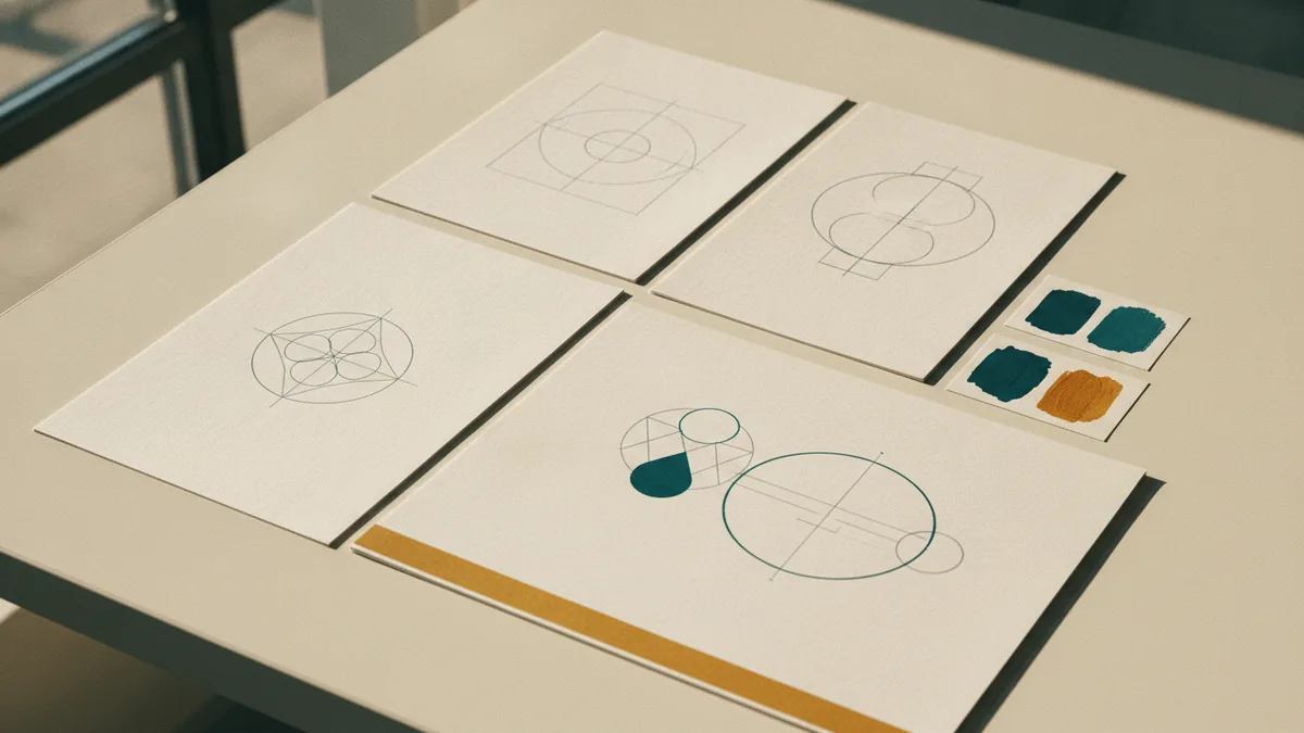 Early logo sketches and color studies Close view of hand-drawn geometric logo concepts and color studies