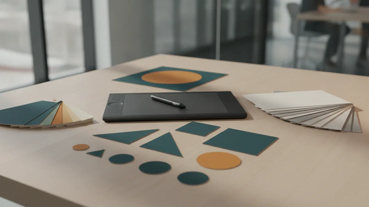 Tools for building a clean logo Vector logo design workspace with geometric shapes, color samples, and typography tools