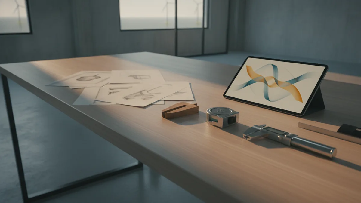 From rough sketches to digital forms Hand-drawn concept studies beside a tablet and vector tools in a modern design studio