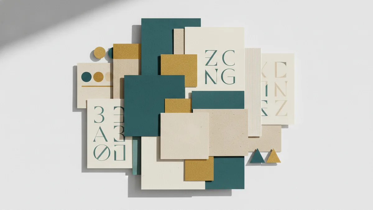 Balancing color and type choices Color cards and type specimens arranged to show a balanced visual identity system