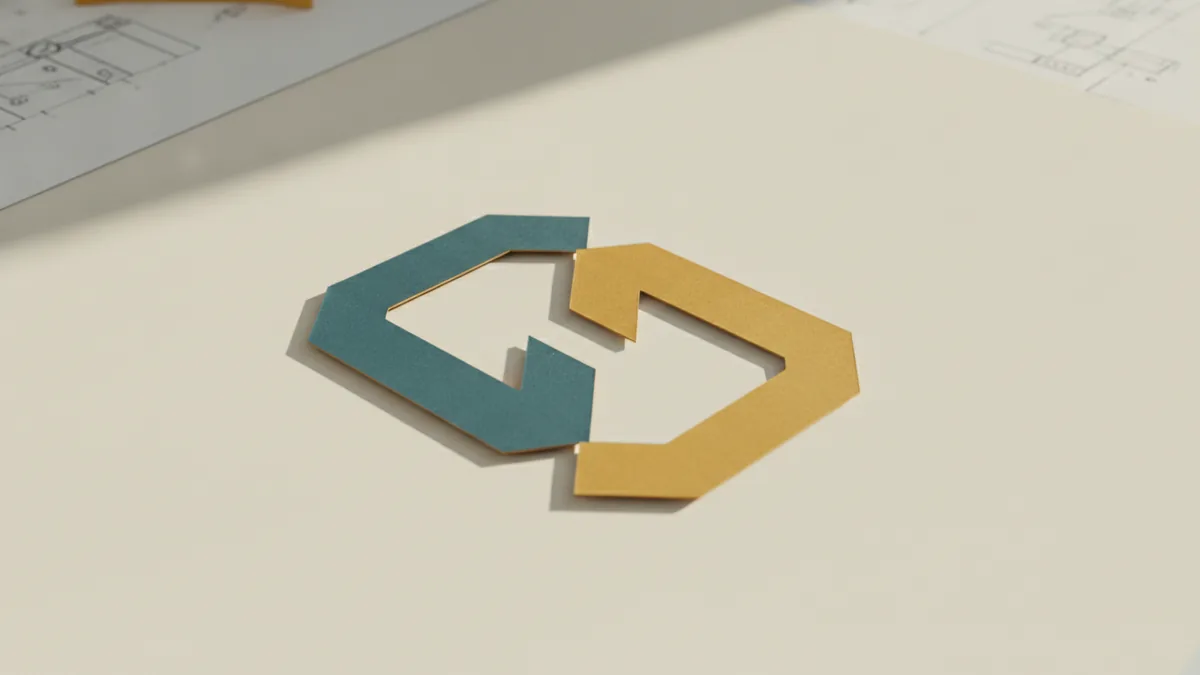 Logo shape and space study Abstract logo shapes showing color contrast and negative space on a design workspace