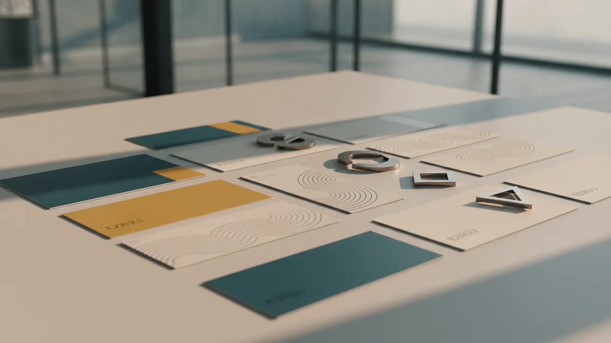 Logo color and type selection Color palette cards and font samples arranged beside refined geometric logo marks