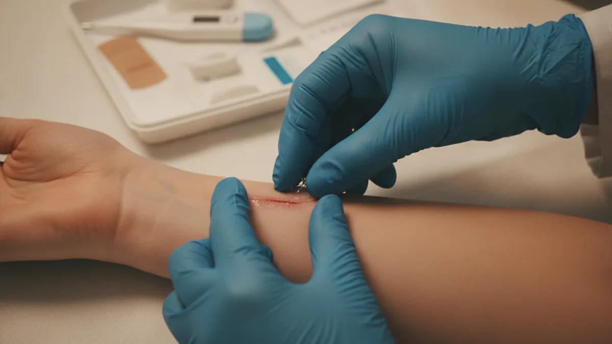 Watch for infection warning signs Caregiver inspecting a wound for infection signs and preparing to treat safely.
