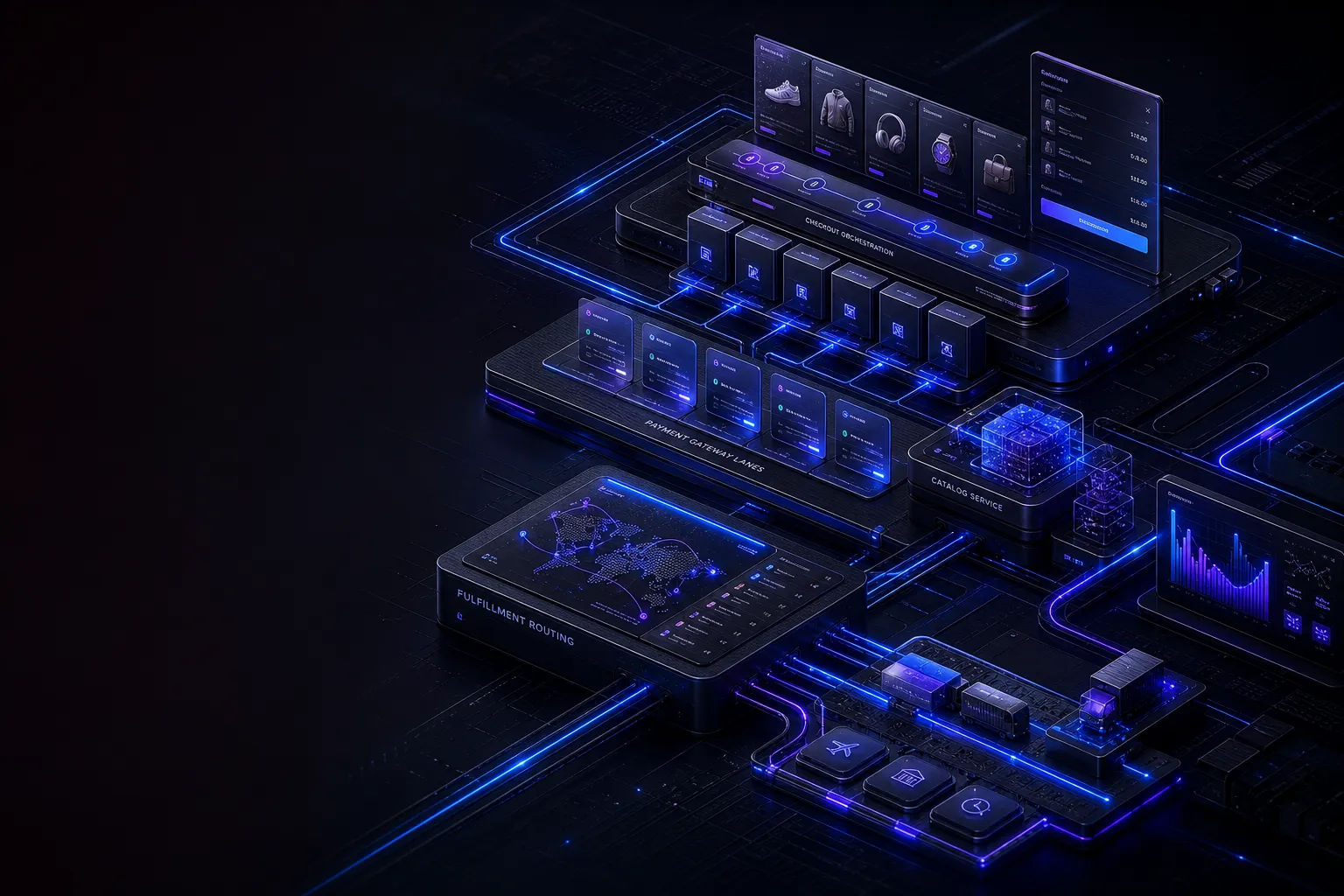 Isometric commerce platform with checkout rails, catalog modules, and fulfilment routing