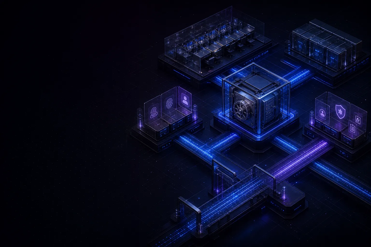 Isometric fintech infrastructure with custody vault, settlement rails, and compliance gates