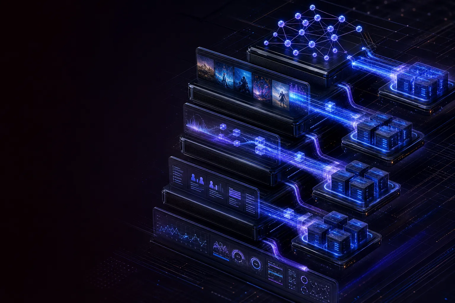 Isometric media platform with streaming CDN paths, content modules, and audience graph nodes