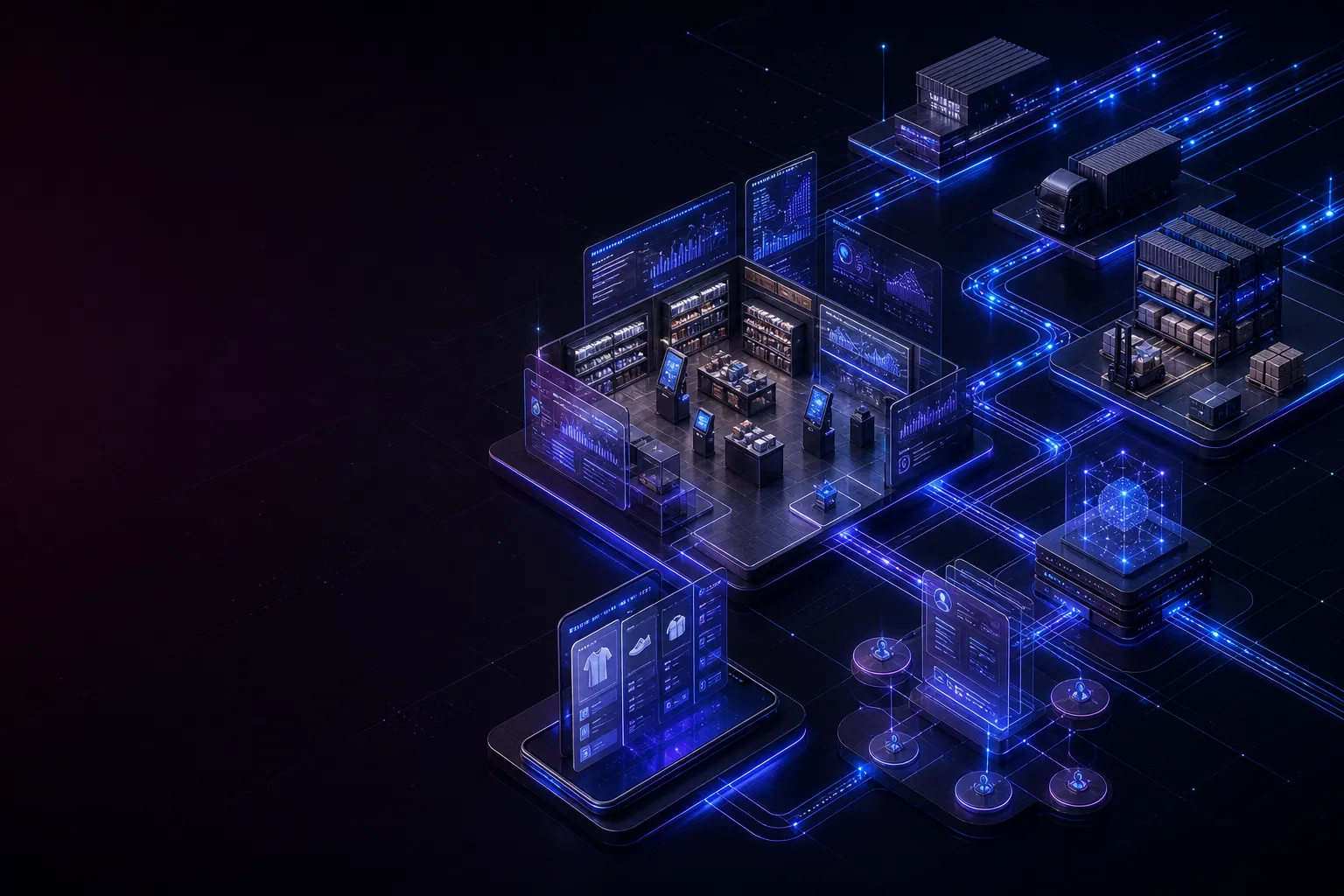 Isometric retail operations mesh with store modules, inventory rails, and loyalty data nodes